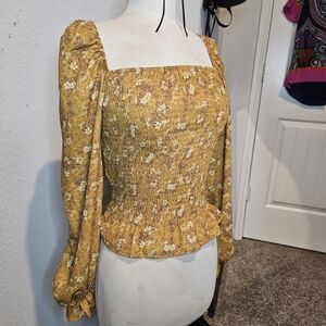 Peach Love Floral Smocked Peplum Top Size  L Chic Boho